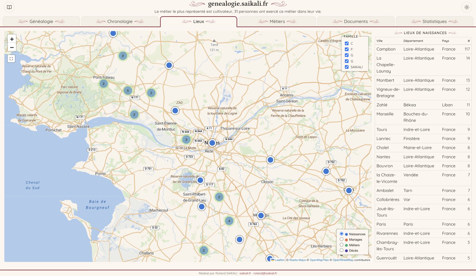 Map of the family's birthplaces, with a table ranking towns by number of births.