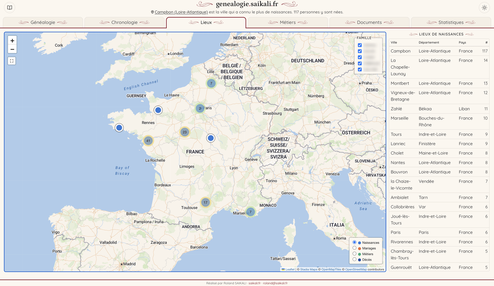 Carte des lieux de naissance de la famille, avec un tableau classant les communes par nombre de naissances.