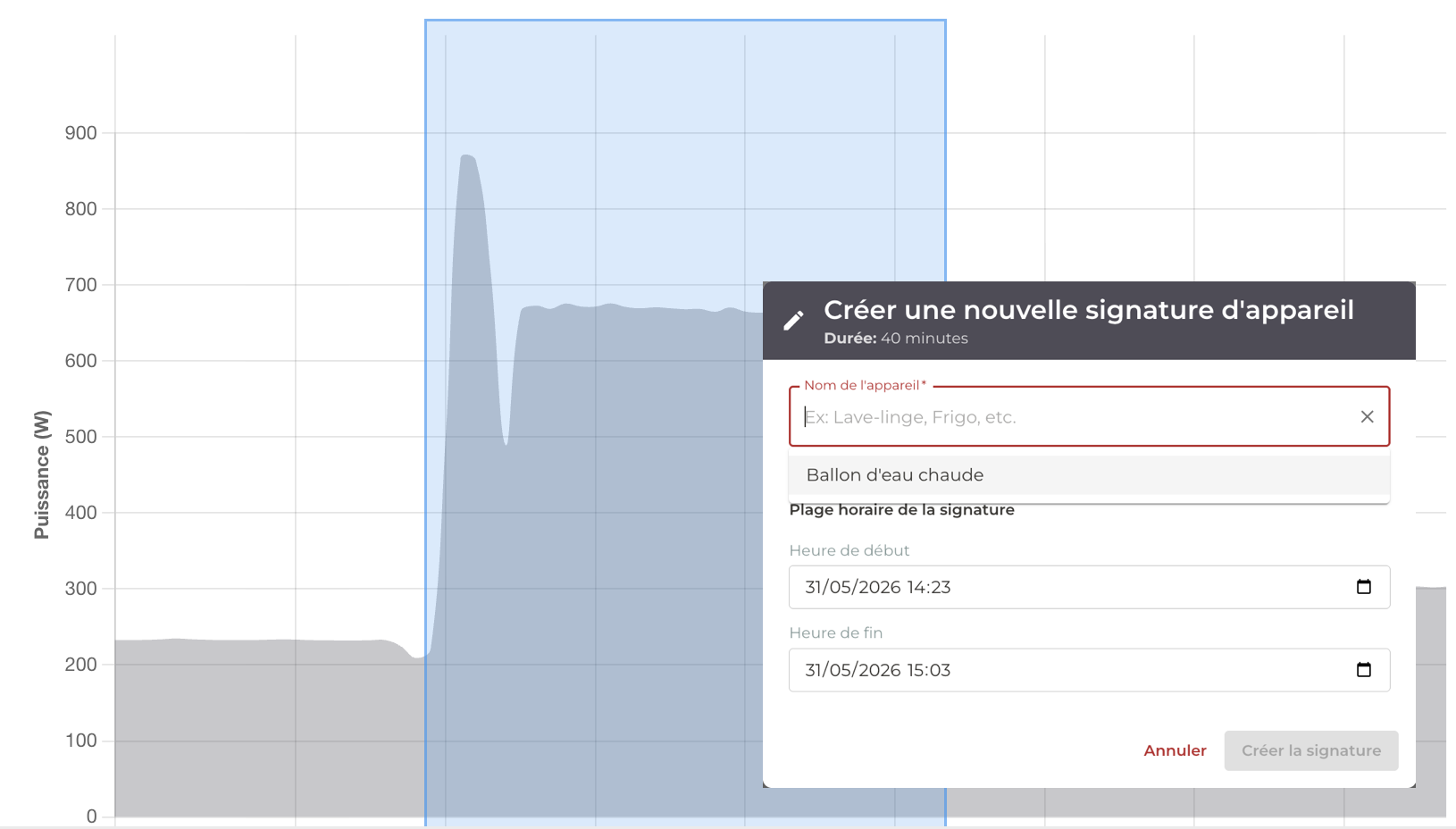 Interface Linkya : sélection d'une plage sur la courbe de consommation.
